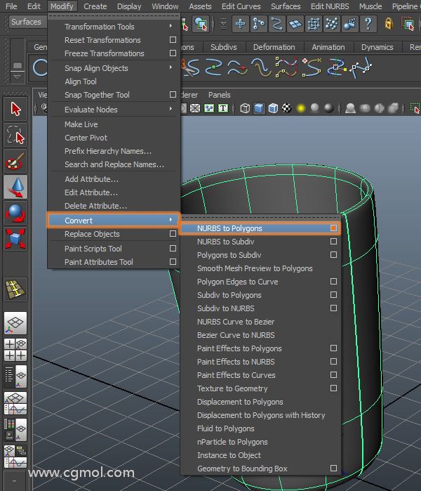 修改”>“转换”>“NURBS到多边形