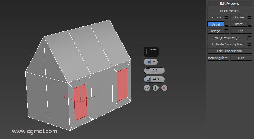 使用“ 多边形  工具” 选择房屋正面（如果需要，可以背面）的左右框。然后使用“  倒角工具”创建窗口空间