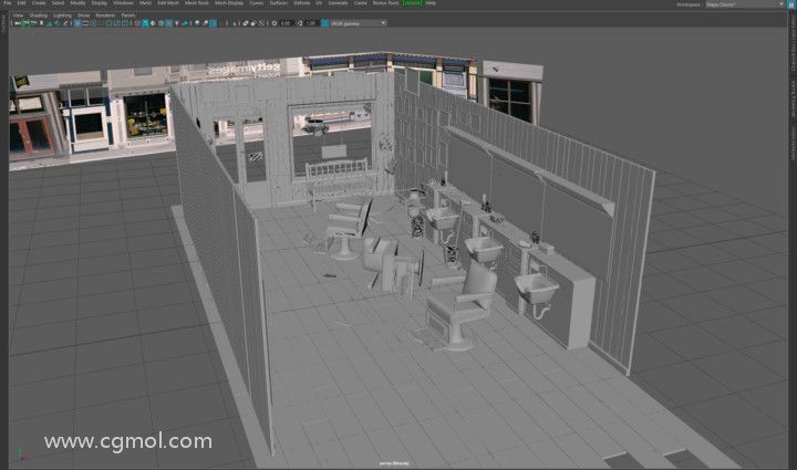 在Autodesk Maya中创建的3D电影黑色场景建模。