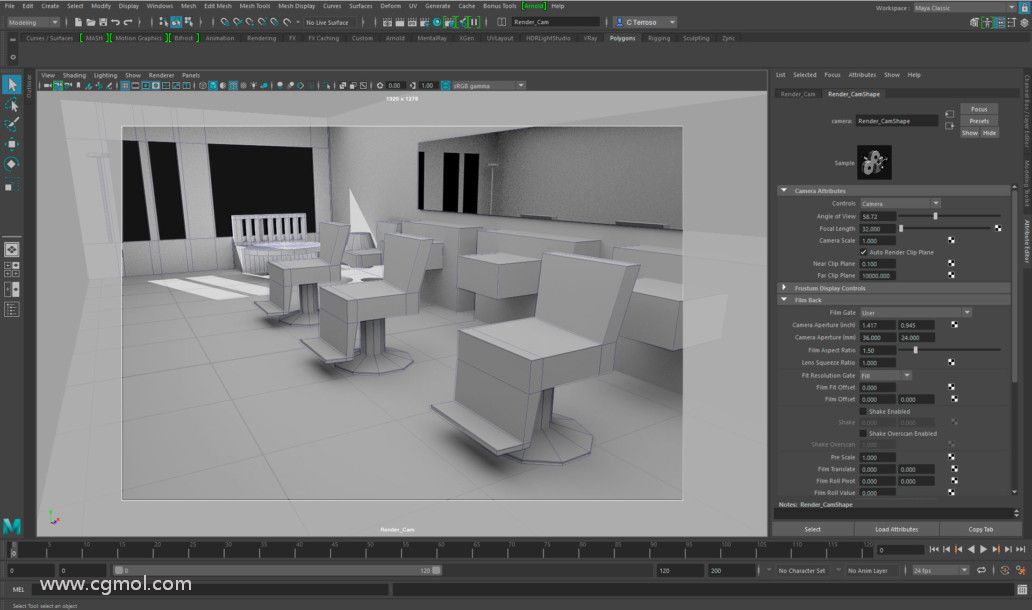 在Autodesk Maya中创建的3D电影黑色场景的布局。