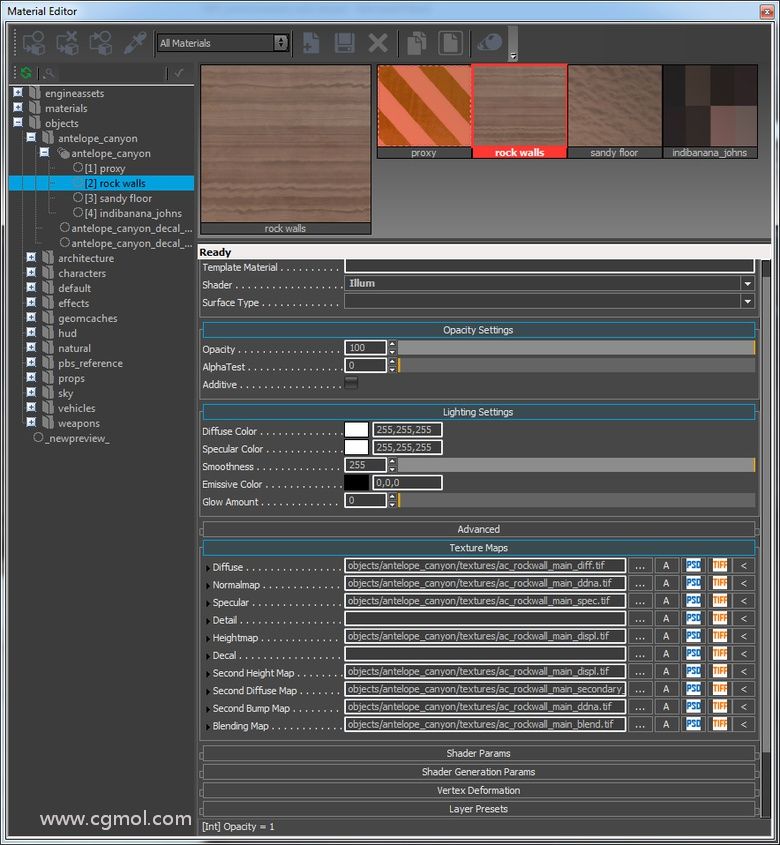 CryEngine着色器对话框，在适当的插槽中显示纹理输入