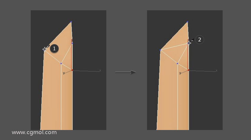 使用“  编辑几何体”>“剪切” 为剑刃尖端创建新边